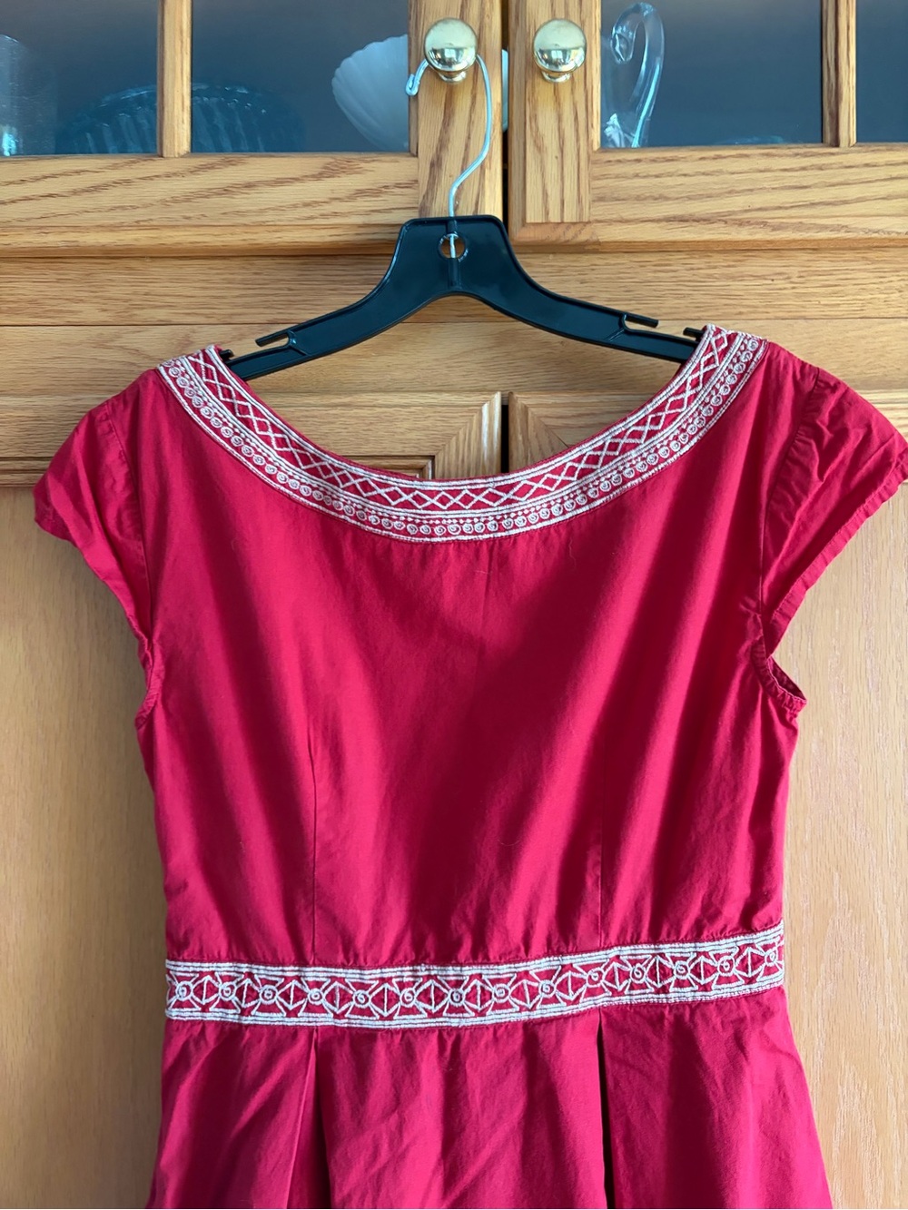 eShakti CUSTOM Red Embroidered Waist Fit-and-Flare Dress - Picture 5 of 11